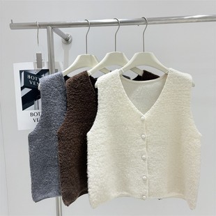 欧货实体店韩版春装新款V领圈圈毛针织衫毛衣马甲背心100绵羊毛