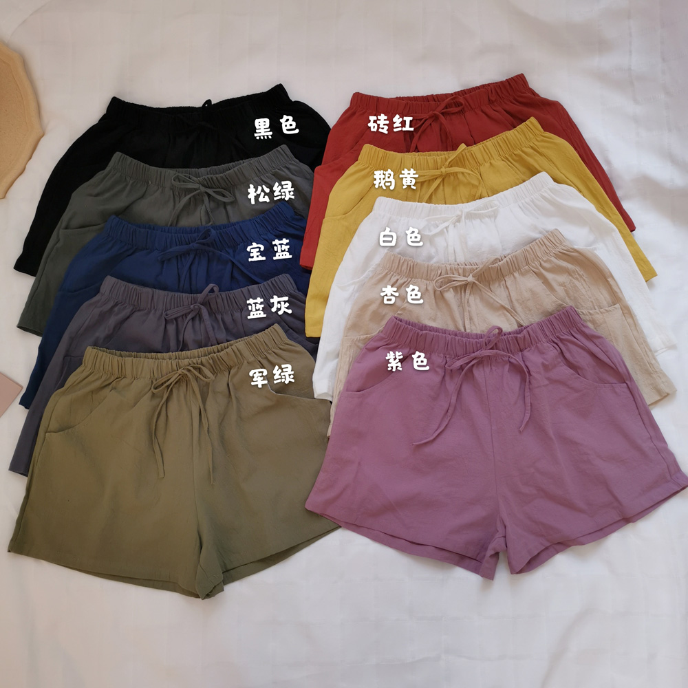 Real shot real price Korean Summer Cotton hemp casual loose thin shorts elastic belt pocket straight pants