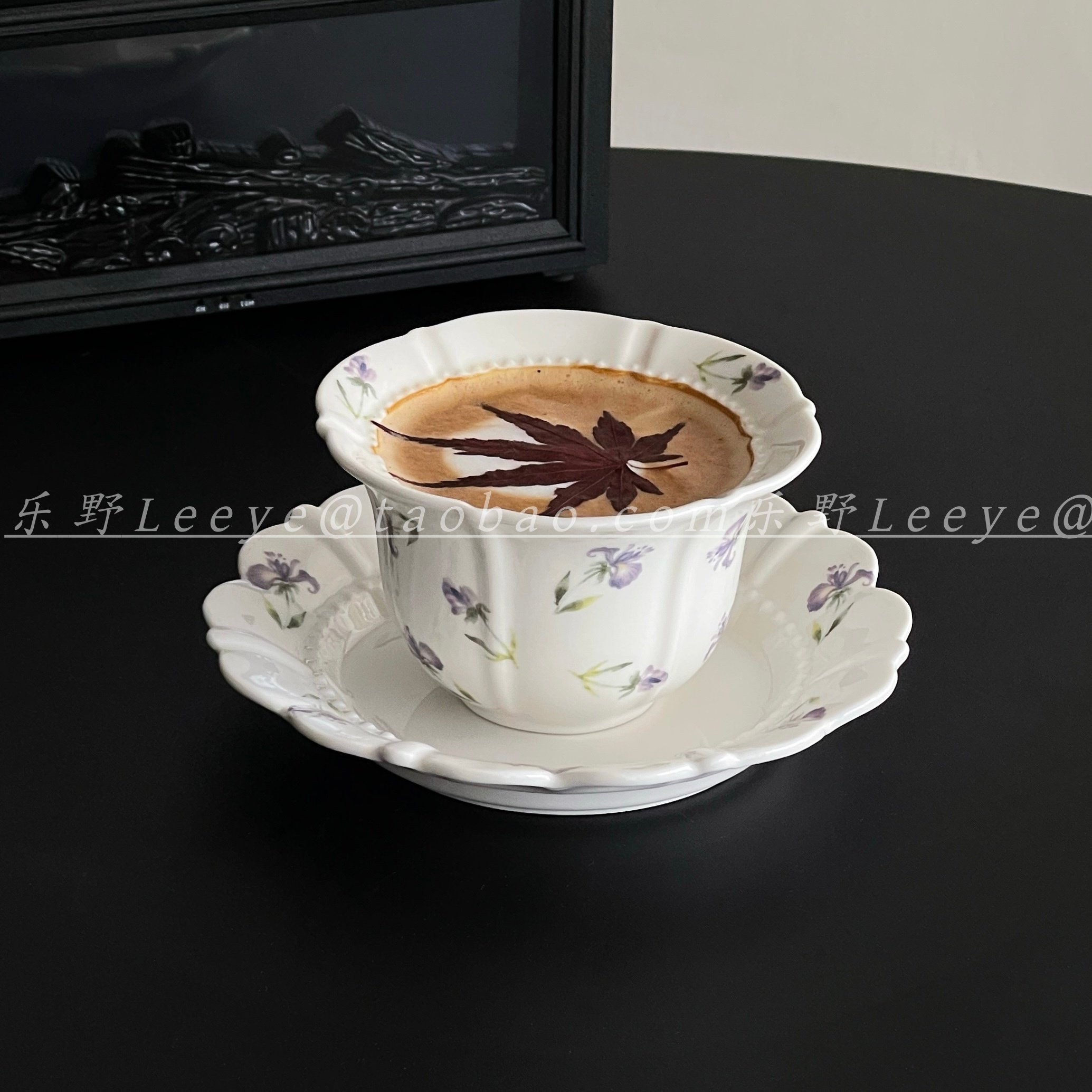 法式复古无把陶瓷杯碟套装薰衣草花珠咖啡杯下午茶杯精致花边杯