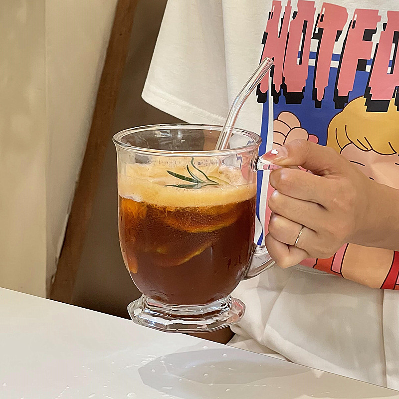 玻璃大口杯水果茶杯带手柄
