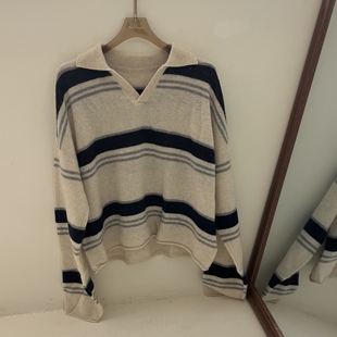 T恤女休闲百搭款 2025秋季 宽松显瘦百搭条纹长袖 韩版 山羊绒 新款