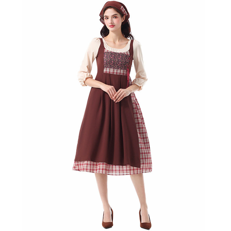 万圣节服装格子碎花假两件成女连衣裙田园风舞台剧演出服品色服饰