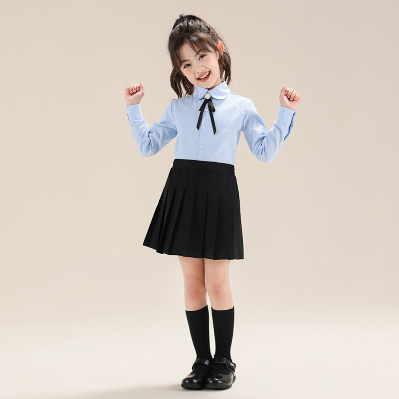 儿童学院风百褶裙套装女孩春秋长袖蓝色衬衫小学生女童表演演出服