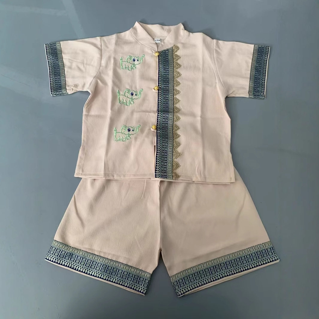 小象儿童表演服新中式夏季汉服短袖傣族少年男童套装中大童唐装演