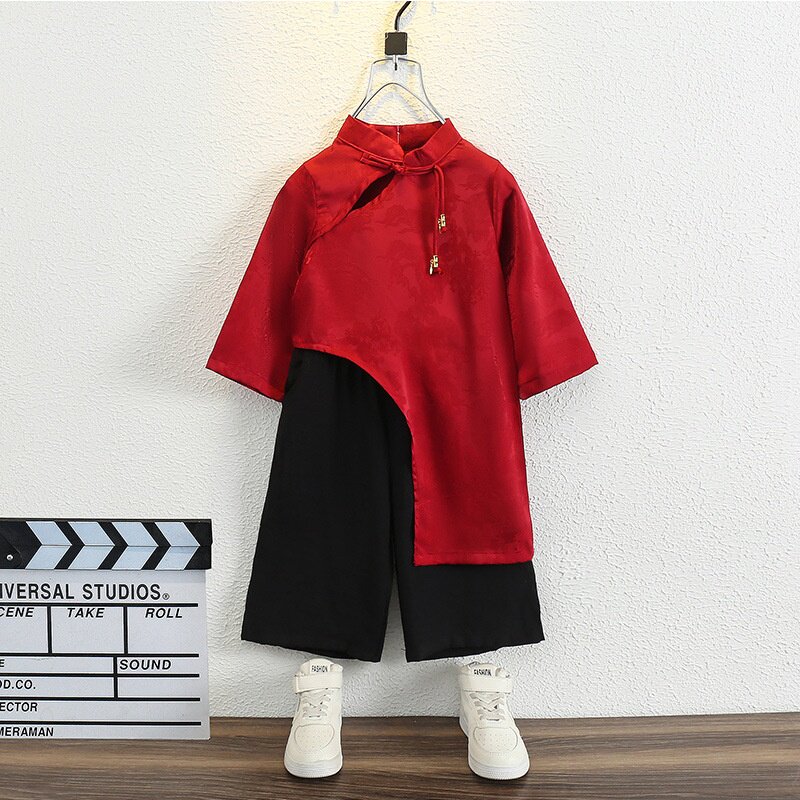 汉服男童国风套装女童唐装儿童新中式周岁礼服宝宝古风红色演出服