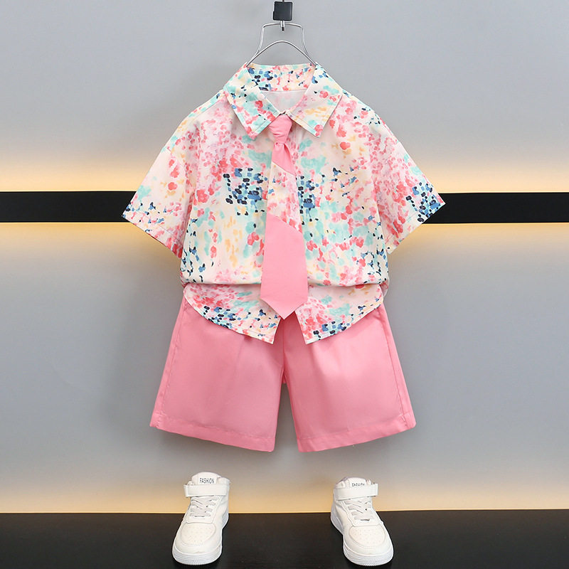 男童领带花衬衫套装夏季毕业拍照儿童港风走秀礼服街舞潮服表演服