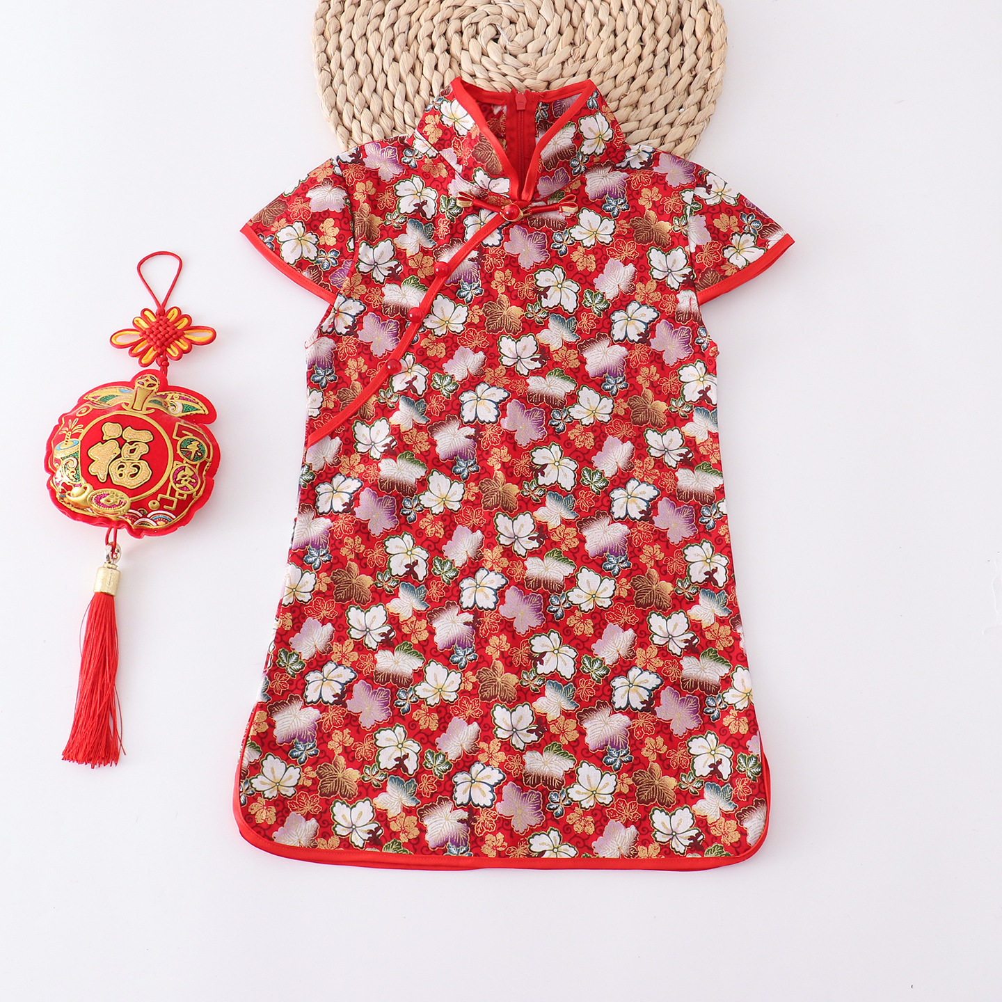 女童短袖新款改良汉服旗袍过年服儿童民族风连衣裙国风唐装表演服