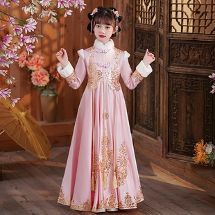 汉服秋冬女童国风拜年服冬季儿童红色喜庆过年衣服新中式裙子冬装