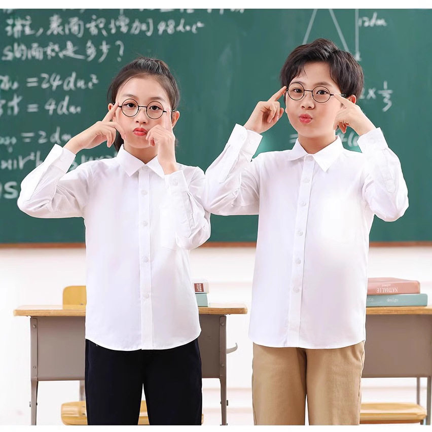 男童白衬衫长袖秋季儿童白衬衫校服主持人表演服衬衣白色春秋长袖