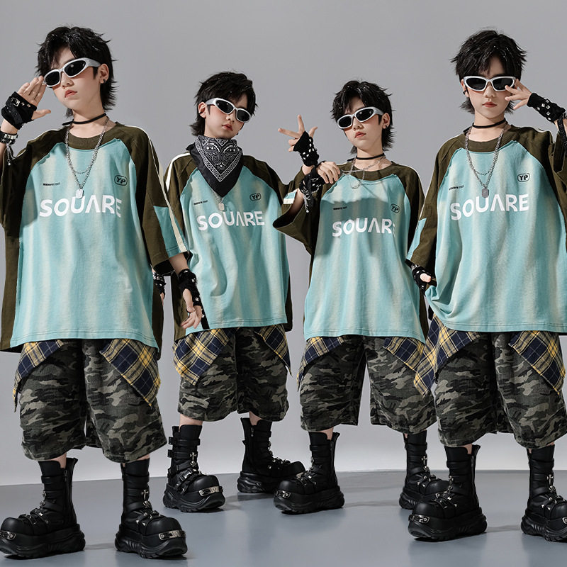 儿童街舞演出服套装hiphop嘻哈潮酷男童T恤潮服少儿爵士舞表演服