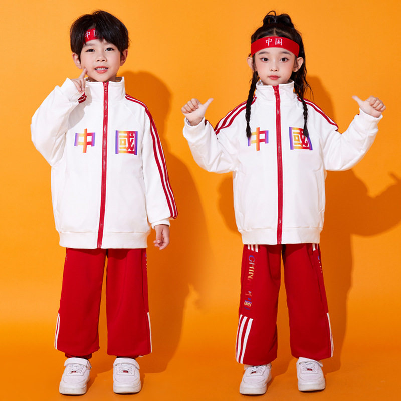儿童啦啦队表演出中国风团体小学生运动会班服比赛服园服舞蹈服白
