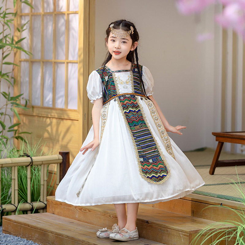 儿童表演服中式夏季汉服短袖丝路明珠女童连衣裙中大童唐装演出服