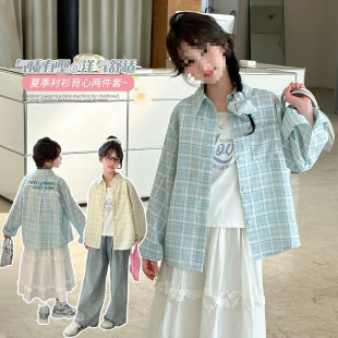 女童夏季 2025新款 印花背心格子襯衫 防曬服兩件套女孩洋氣 套裝