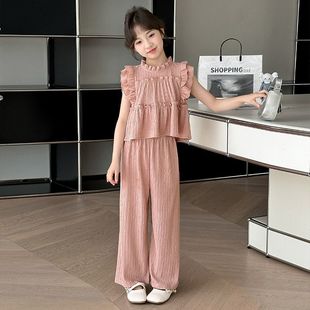 2025夏季 夏裝 套裝 女孩 韓版 兒童大童雪紡闊腿褲 新款 女童無袖