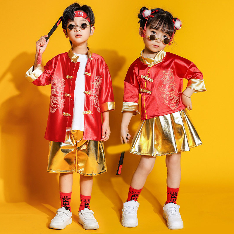 六一儿童节演出服男童汉服女童亮红喜庆中国风舞蹈服大合唱表演服