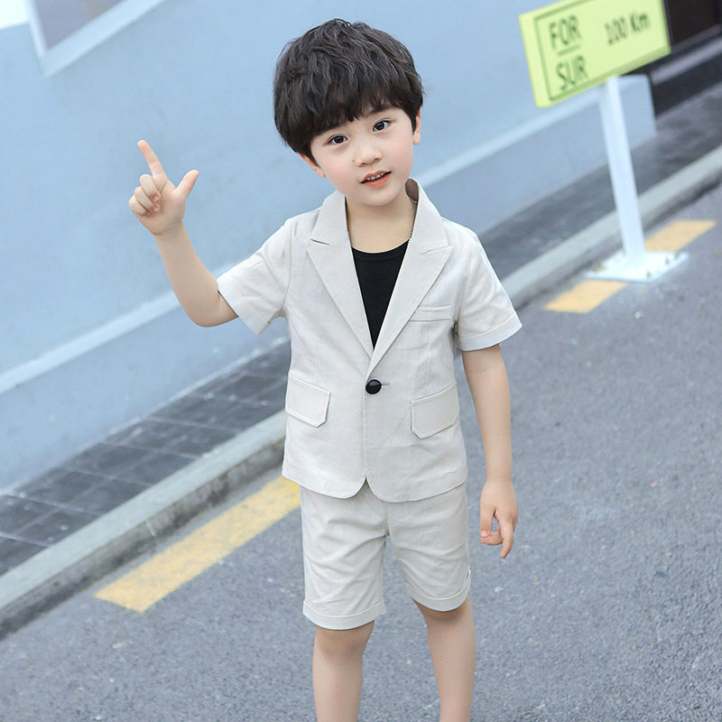 儿童西装套装夏款麻西两件套男童表演服礼服节目主持演出服