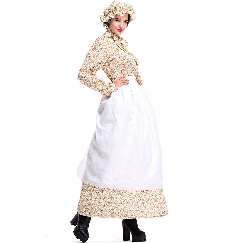 厂家直销品色服饰万圣节服装狼外婆角色扮演长袖卡其色碎花连衣裙
