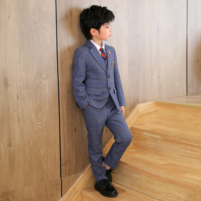 儿童西装2023新款格子西服三件套男童花童婚礼主持表演服秋冬套装