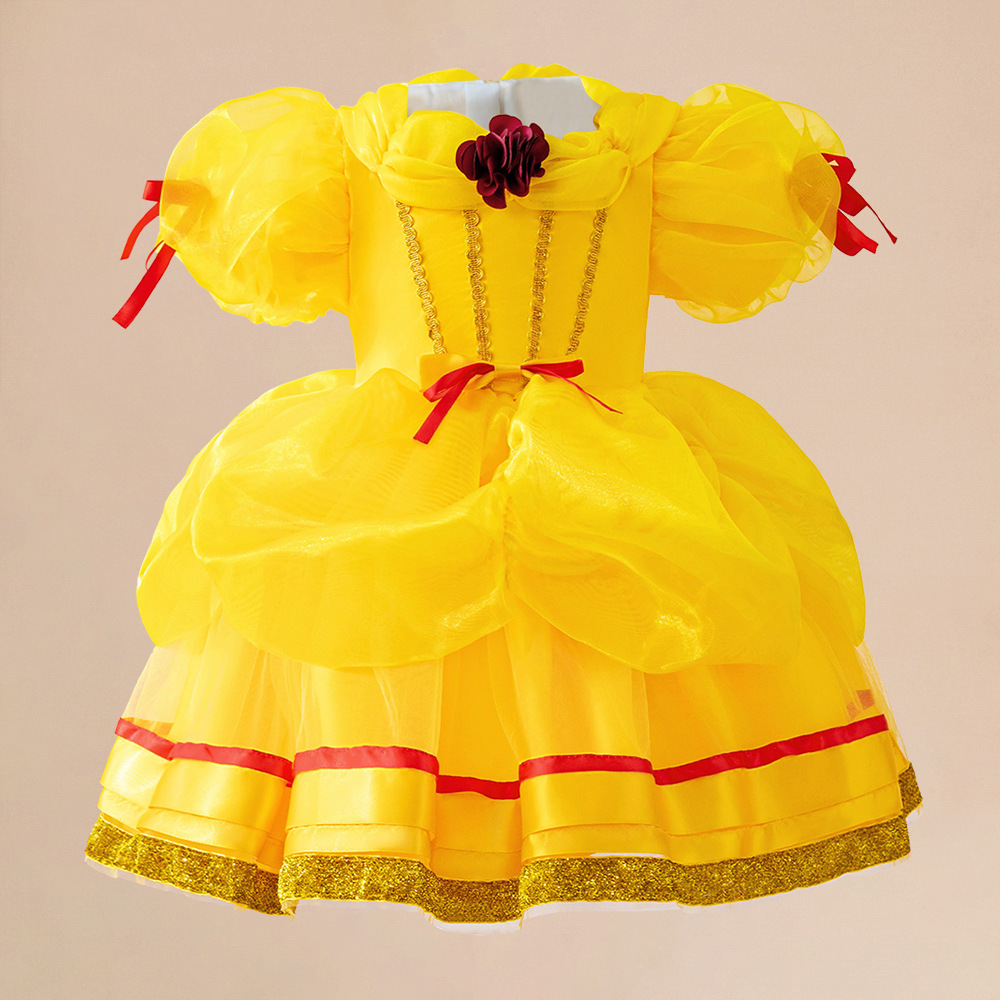 跨境新款cosplay演出礼服黄色泡泡袖公主裙婚纱花童礼服网纱裙子