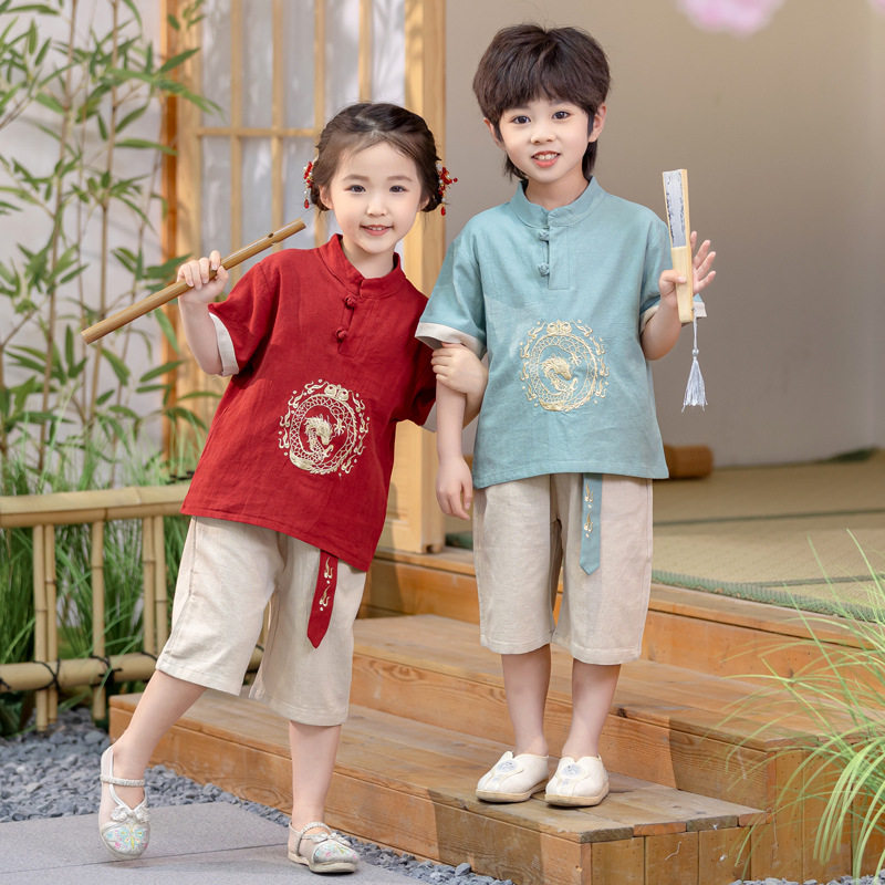 男女童夏季汉服短袖套装端午表演服复古棉麻抓周儿童周岁中式礼服