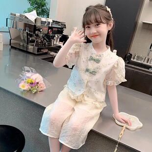 兒童洋氣網(wǎng)紅時髦中國風夏季 女童夏裝 套裝 2025新款 碎花短袖