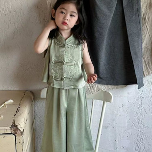 新款 女童童中式 背心套裝 夏季 兩件套潮 女童洋氣國風(fēng)刺繡闊腿褲