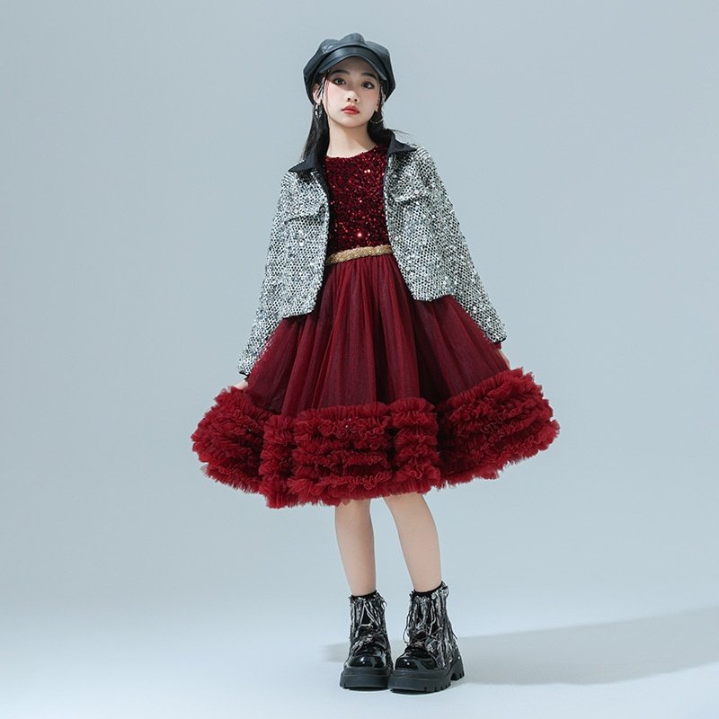 爵士舞演出服女团模特走秀高定亮片礼服裙子生日女童主持重工纱裙