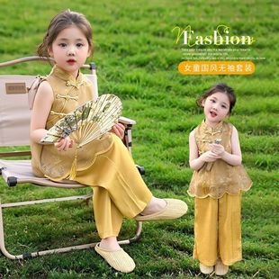中式 女童套裝 2025夏季 背心新款 兒童兩件套 洋氣國風漢服夏裝