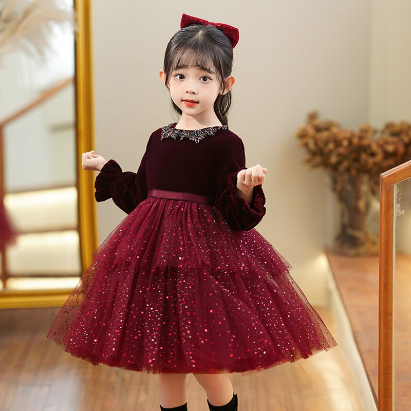女童连衣裙红色纱裙长袖儿童蓬蓬公主裙加绒加厚小女孩裙子春秋装