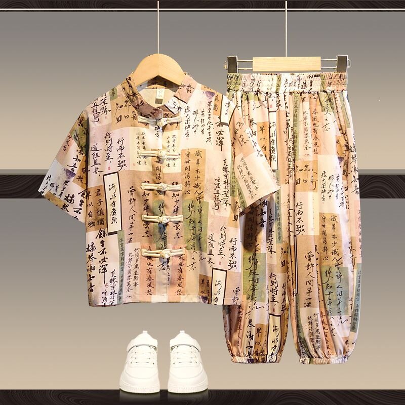 男童夏装儿童国风新款短袖夏季套装童装表演服唐装中大童潮衣