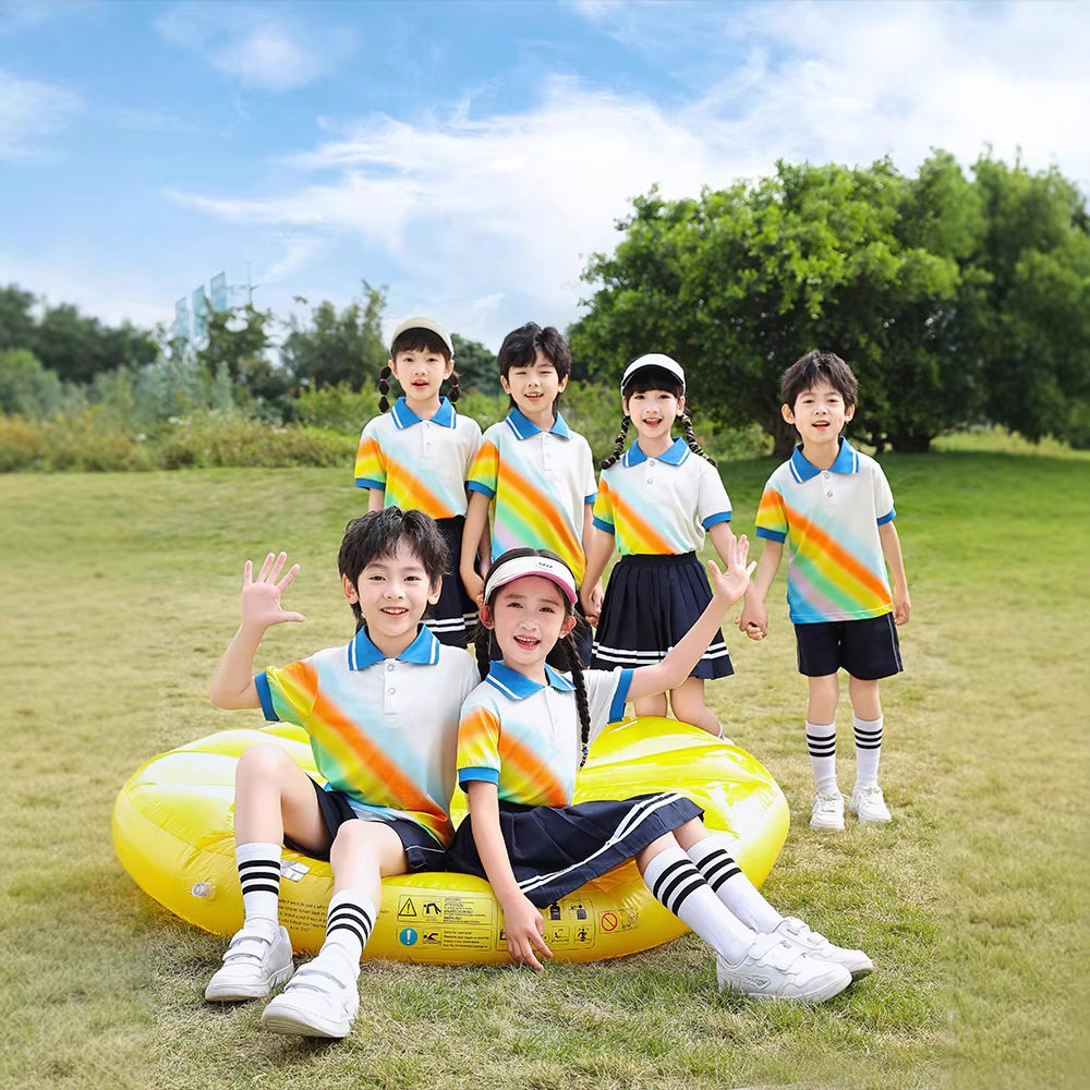 校服演出小学生三件套一年级班服运动夏季款幼儿园服儿童彩虹套装