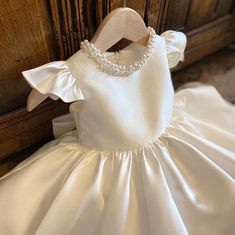 儿童礼服花童婚纱高档缎布公主裙白色钉珠童裙女童连衣裙子表演服