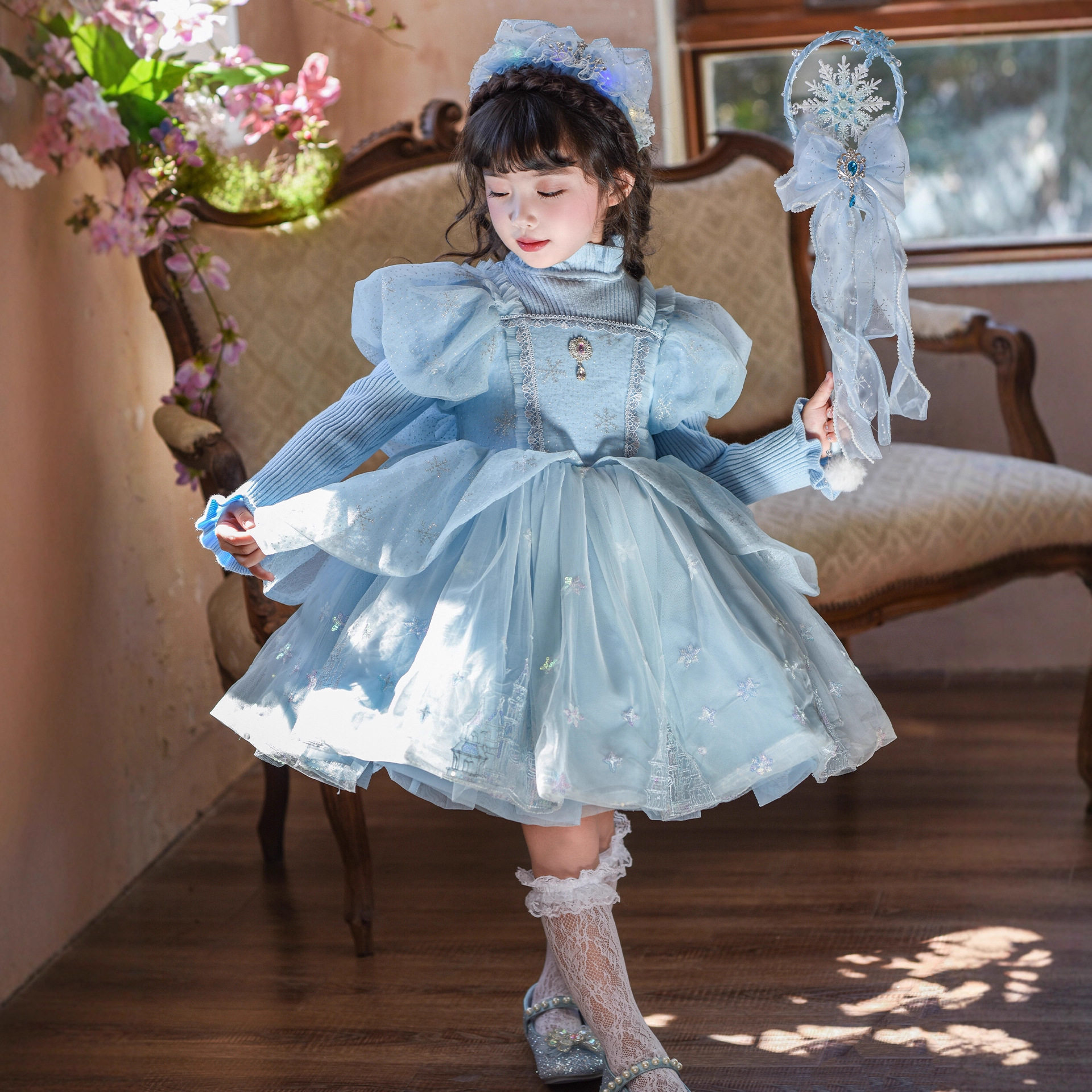 艾莎公主裙女童蓬蓬纱裙儿童冰雪奇缘连衣裙女孩表演服爱莎裙批发