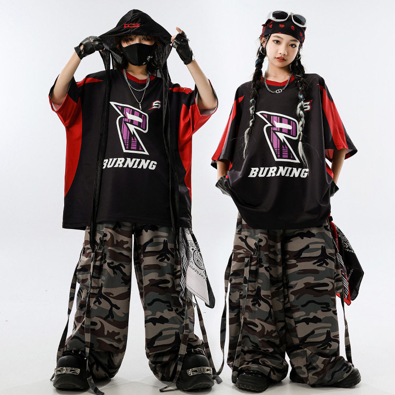 儿童街舞服装酷帅潮服黑红G3演出服男童套装女童嘻哈炸街表演服夏