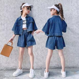 2025新款 女童夏季 短袖 牛仔套裝 洋氣兒童 中大童網紅寬松韓版