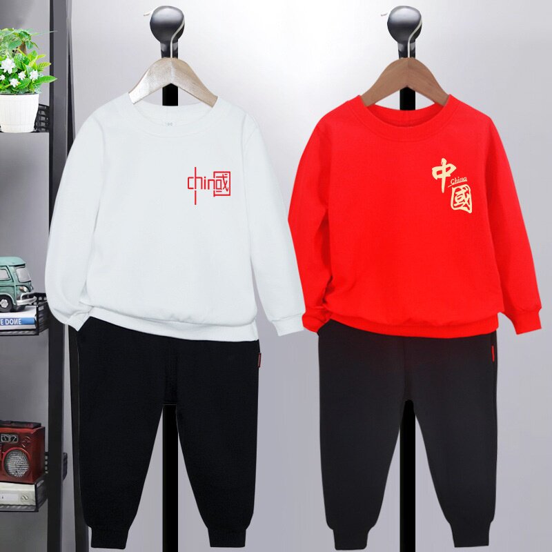 元旦儿童演出服 中国红色上衣黑色裤子运动套装春秋款男童女童装