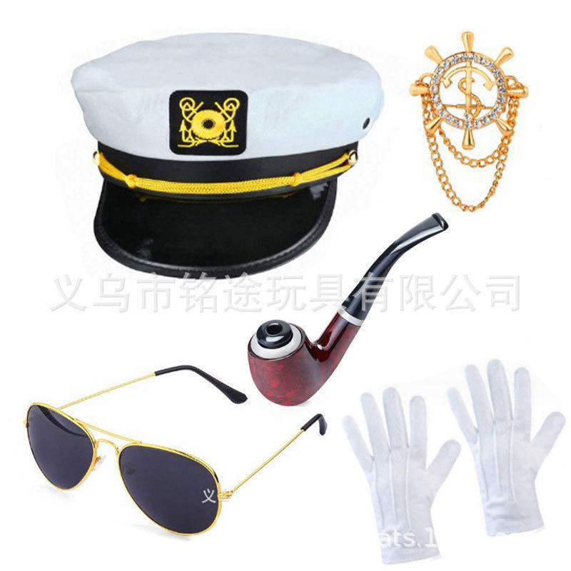 万圣节角色扮演Cosplay游艇船长帽服装配饰制服刺绣平顶船长帽