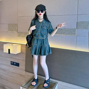 夏季 女童牛仔套裝 2025新款 時尚 時髦上衣童裝 女孩短袖 夏裝 薄款