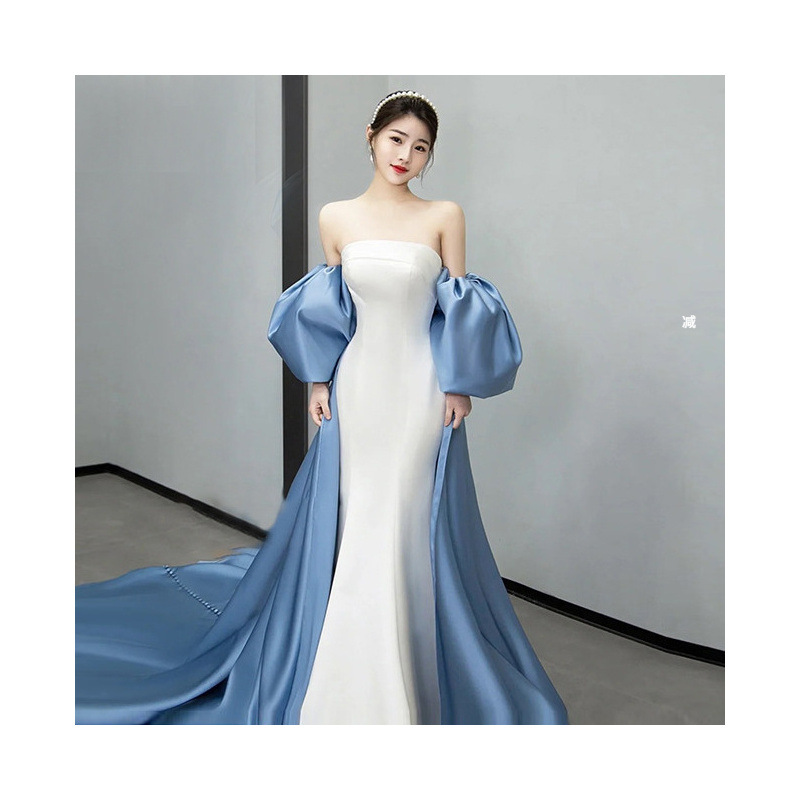 2022新款缎面鱼尾法式轻主纱抹胸修身显瘦长拖婚纱晚礼服跨境