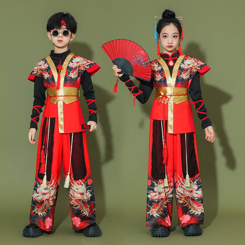 儿童中国风表演服国潮秋冬打鼓演出服套装男童古风嘻哈潮流舞蹈服