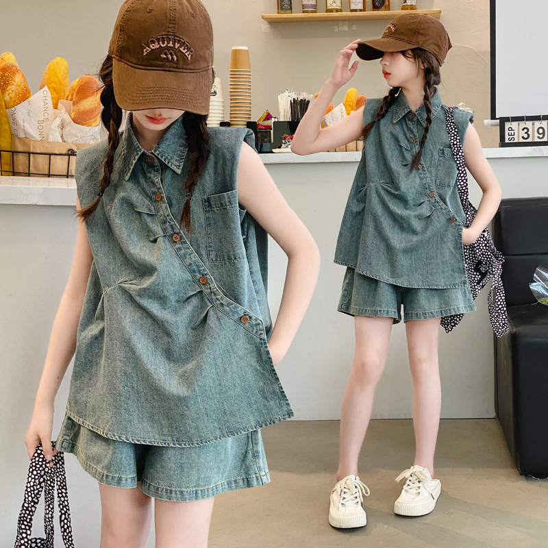 女童夏季夏装洋气牛仔套装新款休闲中大童儿童短裤两件套
