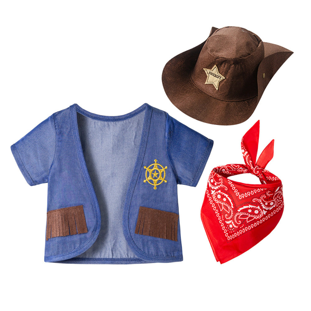 蓝色西部牛仔儿童节日服套装男童宝宝角色服演出服表演服马甲裙套
