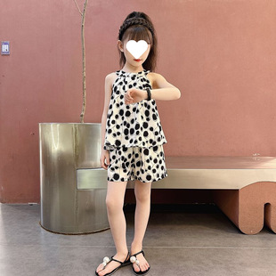 清涼一夏女童波點掛脖無袖 夏季 中小童洋氣女孩短褲 透氣套裝