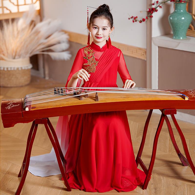 古筝表演服装女童中国风儿童演奏比赛礼服合唱朗诵艺考演出服夏季
