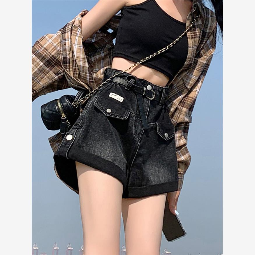 黑色牛仔短裤女夏季薄款2025撞色高腰卷边设计感a字阔腿复古热裤