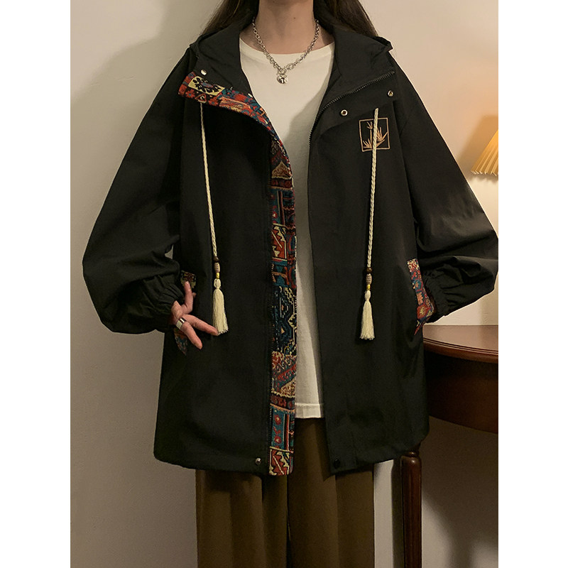 新中式防水冲锋衣外套女春季胖mm大码宽松显瘦学生户外连帽夹克潮