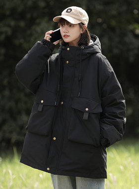 冬季羽绒服女胖mm大码200斤bf显瘦宽松保暖白鸭绒连帽工装外套ins