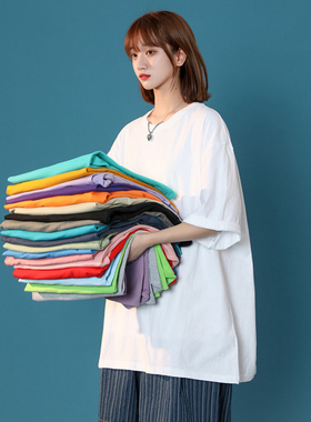 纯棉短袖T恤女夏季宽松胖MM大码200斤上衣bf纯色学生打底衫半截袖