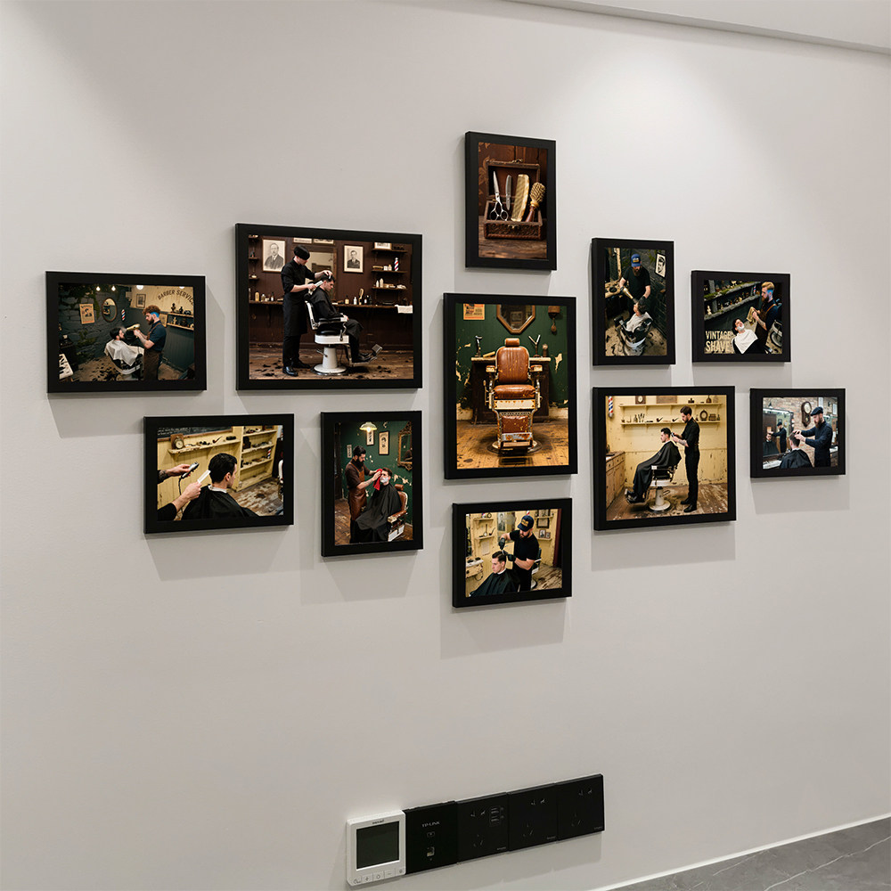 新款美发店免打孔装饰背景墙理发店挂画墙发廊组合相框照片墙欧美