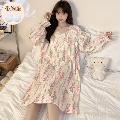 秋季新款云朵棉方领长袖睡裙 睡衣女 带胸垫不可拆卸家居服可外穿